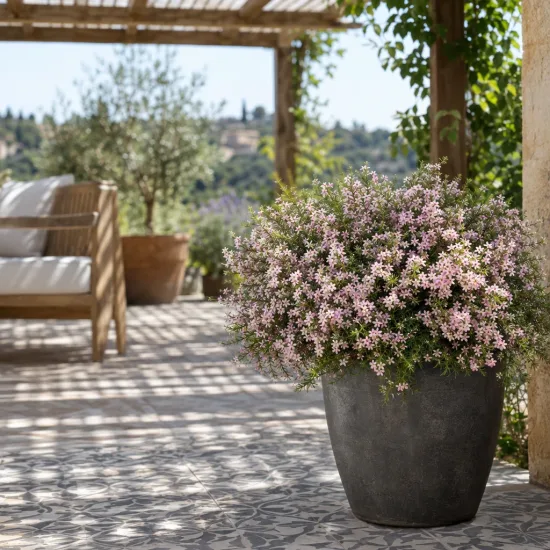Plante du pêcheur 'Pink foutain' (Diosma hirsuta) — arbuste fleuri en pot sur terrasse ombragée · Photo d'illustration