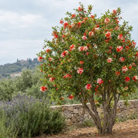 Grenadier à fleurs 'Nochi shibari' (Punica granatum) — arbuste fleuri au jardin devant muret en pierre