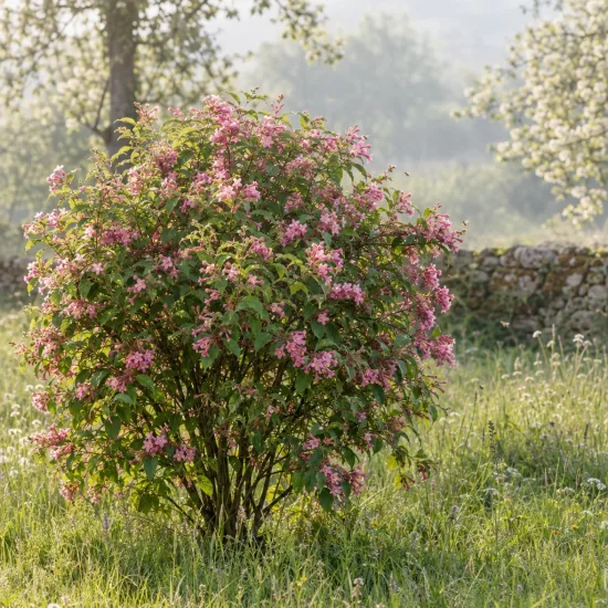 Weigelia (Weigela stellaris) — arbuste fleuri rose isolé dans prairie · Photo d'illustration