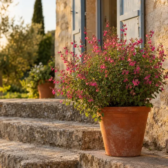 Sauge de graham 'Pink blush' (Salvia microphylla) — plante fleurie en pot sur marches en pierre · Photo d'illustration