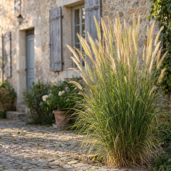 Herbe aux écouvillons 'Queue d'or' (Pennisetum macrourum) — touffe de graminée dressée devant une maison · Photo d'illustration