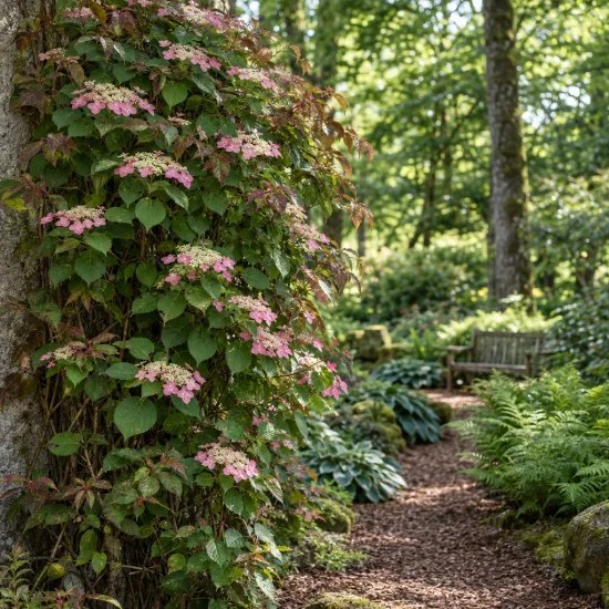 Hortensia grimpant du japon 'Rose sensation' (Schizophragma hydrangeoides) — liane fleurie le long d’un tronc, sous-bois · Photo d'illustration