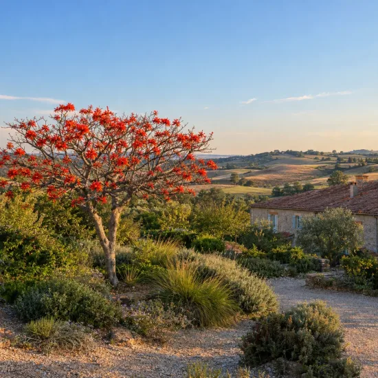 Erythrine caffre - arbre-corail (Erythrina caffra) — arbre ornemental fleuri dans jardin méditerranéen ensoleillé