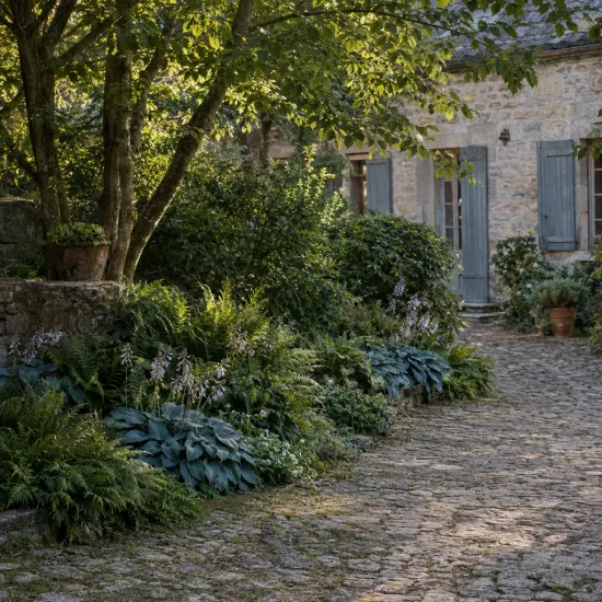 Hosta 'Halcyon' — massif d'ombre le long d'une allée pavée · Photo d'illustration
