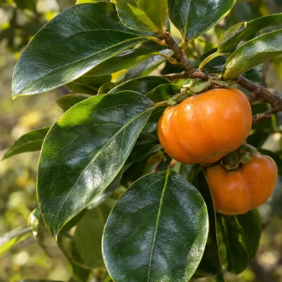 Plaqueminier 'Sharon' (Diospyros kaki) — deux fruits orange parmi de grandes feuilles luisantes
