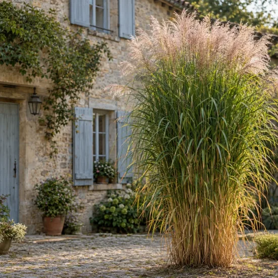 Miscanthus 'Giganteus' (Miscanthus hybrida) — grand massif de graminée devant maison en pierre · Photo d'illustration
