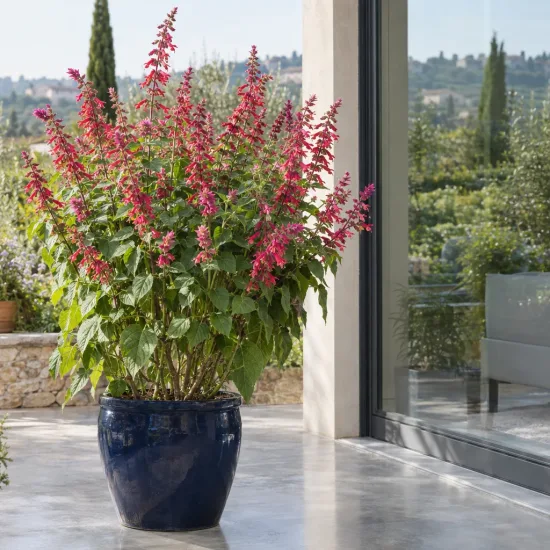 Sauge officinale (Salvia bethelli) — grand plant fleuri en pot sur terrasse · Photo d'illustration