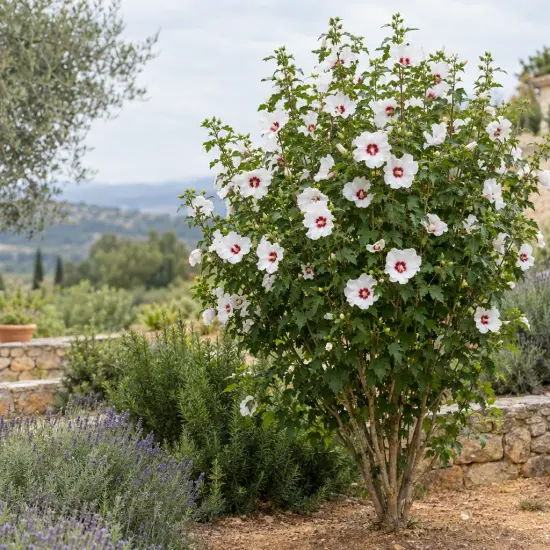 Althéa 'Walberton's lunar flare' (Hibiscus syriacus) — grand arbuste fleuri dans un jardin en terrasses