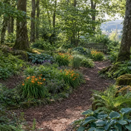 Hemerocalle (Hemerocalle thumbellina) — massifs de fleurs orange bordant un chemin forestier · Photo d'illustration