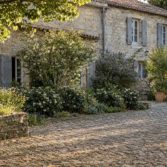 Viorne de david 'Yin' (Viburnum davidii) — grand massif arbustif devant maison en pierre