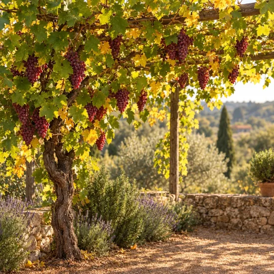 Vigne 'Crimson seedless' (Vitis vinifera) — grappes de raisin rouge sous pergola au jardin · Photo d'illustration
