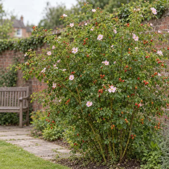 Rosier 'Inermis' (Rosa hybrida) — grand arbuste fleuri avec fruits rouges au jardin · Photo d'illustration