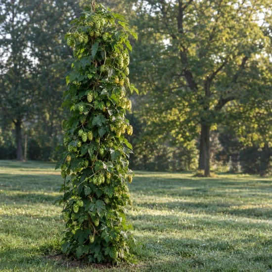 Houblon grimpant (Humulus lupulus) — liane grimpante couverte de cônes verts au jardin · Photo d'illustration