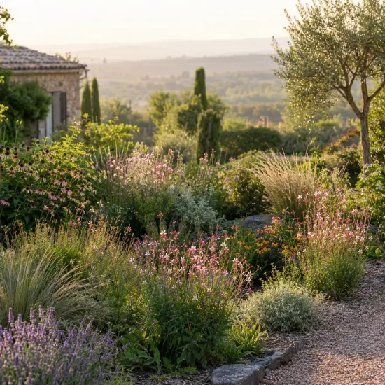 Gaura 'Geyser pink' (Gaura lindheimeri) — massif fleuri dans un jardin méditerranéen au soleil · Photo d'illustration