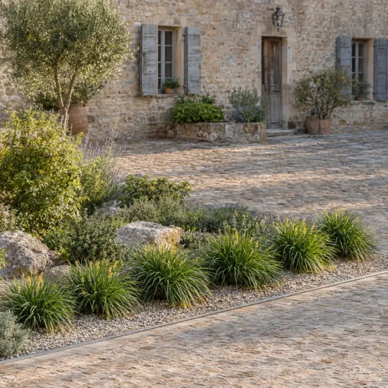 Lomandra 'Green allure' (Lomandra confertifolia) — massif de graminées et arbustes sur gravier · Photo d'illustration