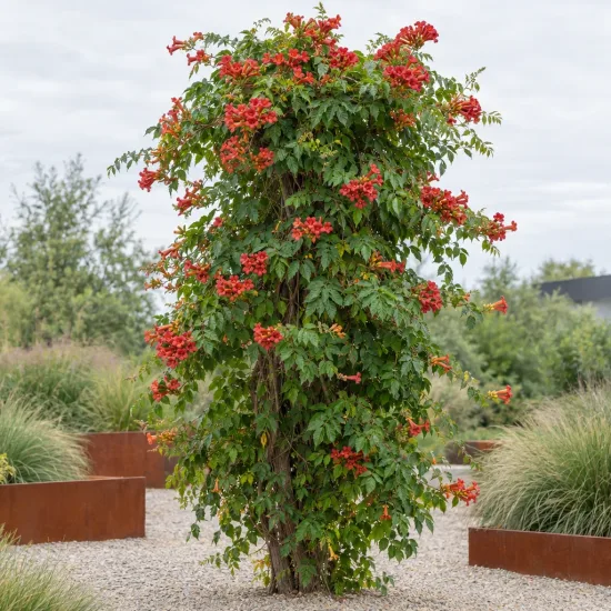 Bignone 'Stromboli' (Campsis radicans) — grande liane fleurie dressée dans massif de graviers · Photo d'illustration