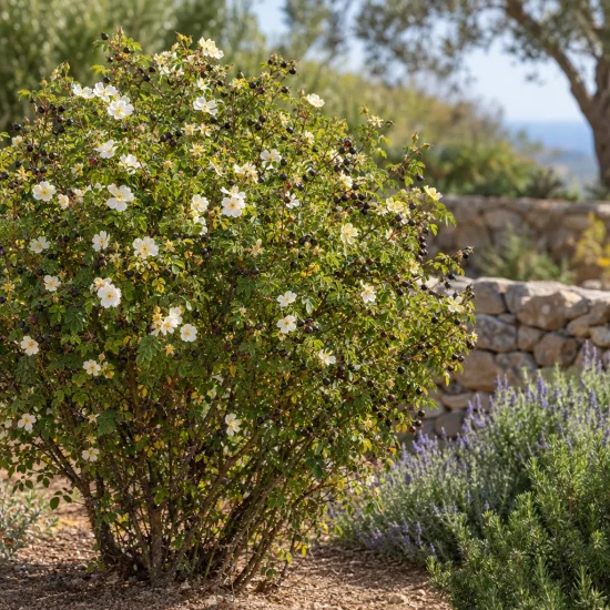 Rosier pimprenelle (Rosa pimpinellifolia) — grand arbuste fleuri devant muret en pierre · Photo d'illustration