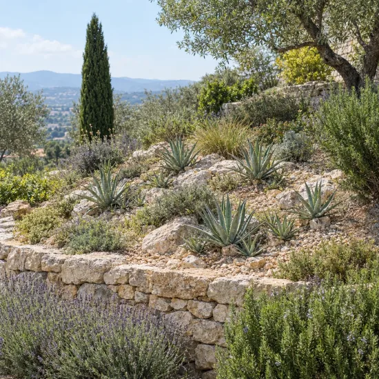 Agave du chihuahua (Agave lechuguilla) — massif rocailleux méditerranéen avec agaves et arbustes · Photo d'illustration
