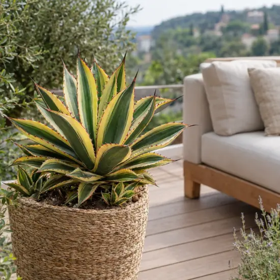Agave 'Quadricolor' (Agave lophanta) — plante grasse panachée en pot sur terrasse