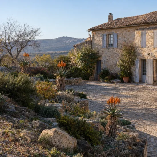 Aloès du cap (Aloe ferox) — plantes succulentes fleuries bordant une maison en pierre · Photo d'illustration