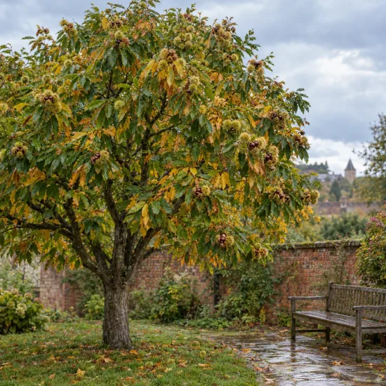 Châtaignier 'Marron de goujounac' (Castanea sativa) — arbre chargé de fruits dans un jardin · Photo d'illustration