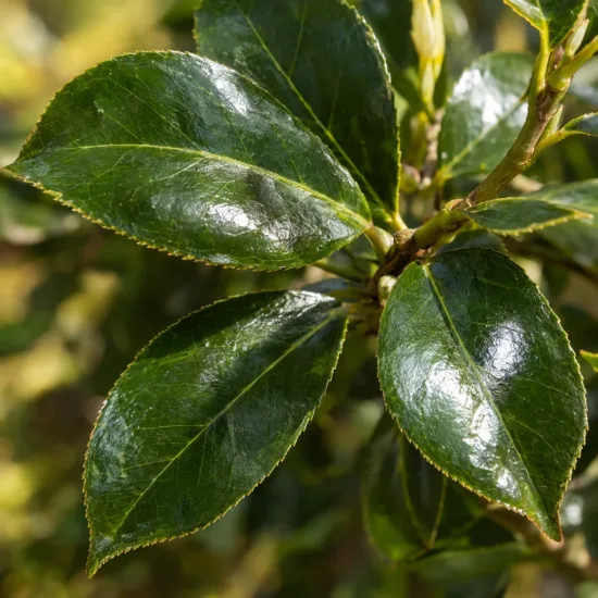 Camelia 'Kimberley' (Camelia japonica) — gros plan de feuilles vertes brillantes · Photo d'illustration