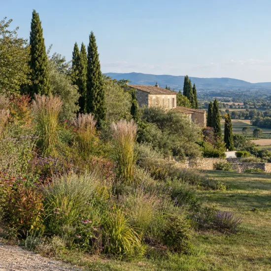 Roseau de chine tachetées de jaune 'Strictus' (Miscanthus sinensis) — massif en pente avec graminées et cyprès · Photo d'illustration