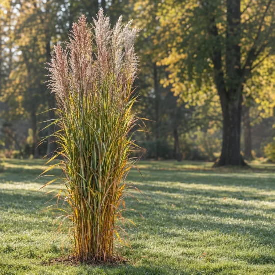 Roseau de chine tachetées de jaune 'Strictus' (Miscanthus sinensis) — touffe de graminée dressée dans une pelouse · Photo d'illustration