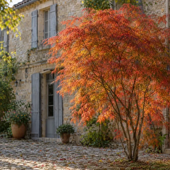 Érable du japon 'Scolopendrifolium' (Acer palmatum) — arbre au feuillage fin rouge orangé devant maison · Photo d'illustration