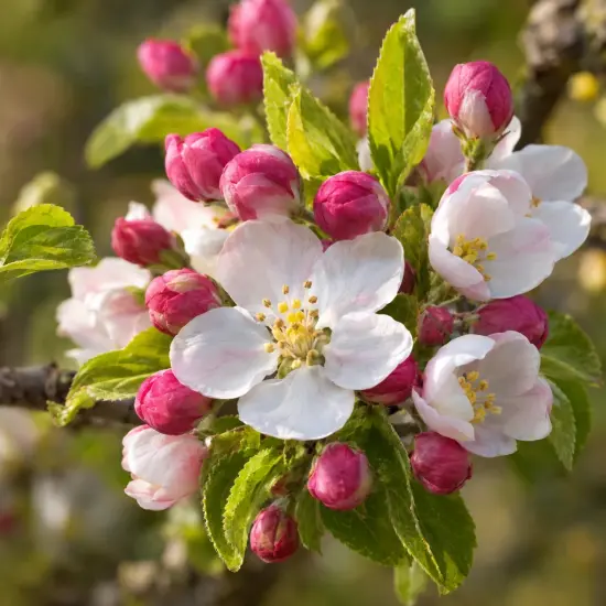Pommier d'ornement 'Golden hornet' (Malus) — fleurs blanches et boutons rose vif, gros plan