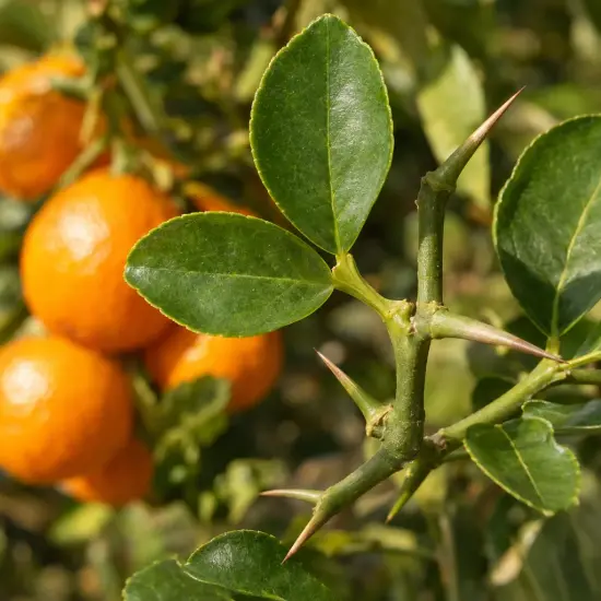 Citroncirus 'Sunki' (Citroncirus trifoliata) — rameau épineux avec feuilles et petits agrumes