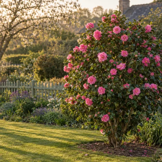 Camelia 'Debbie' (Camelia japonica) — grand arbuste couvert de nombreuses fleurs roses · Photo d'illustration
