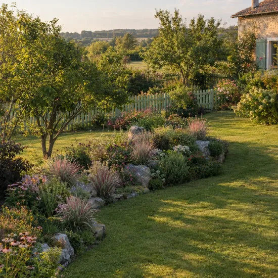 Herbe à balais 'Chameleon' (Schizachyrium scoparium) — massif de graminées et vivaces dans grand jardin · Photo d'illustration