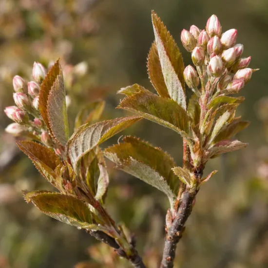 Amélanchier nain (Amelanchier spicata) — jeunes bourgeons floraux rosés et feuilles naissantes · Photo d'illustration