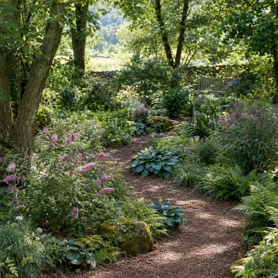 Arbre aux papillons rose 'Flutterby pink' (Buddleia davidii) — massif de jardin fleuri le long d’un sentier