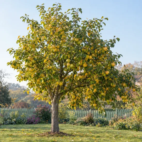 Pommier 'Mamula' (Malus domestica) — arbre chargé de fruits jaunes dans un jardin · Photo d'illustration