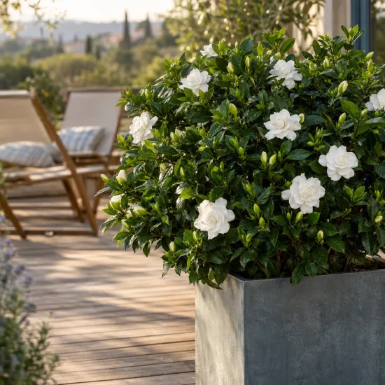 Tiaré 'Summer snow' (Gardenia jasminoides) — buisson à fleurs blanches dans grand bac gris · Photo d'illustration