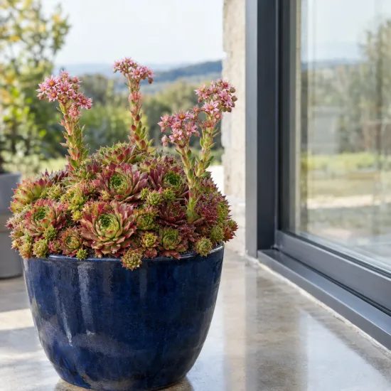 Joubarbe autumn apple 'Chick charms autumn apple' (Sempervivum) — plante grasse en rosettes fleuries dans pot bleu · Photo d'illustration