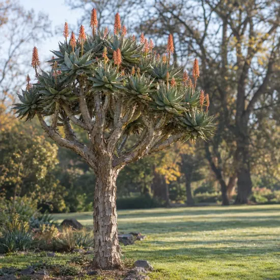 Aloes arborescente 'Hercules' (Aloe barberae) — grand sujet succulent dressé, inflorescences orangées dressées