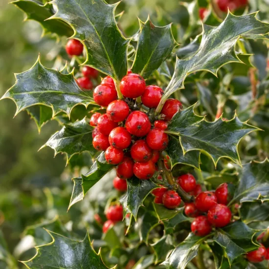 Houx commun (Ilex aquifolium) — grappe de baies rouges parmi des feuilles épineuses