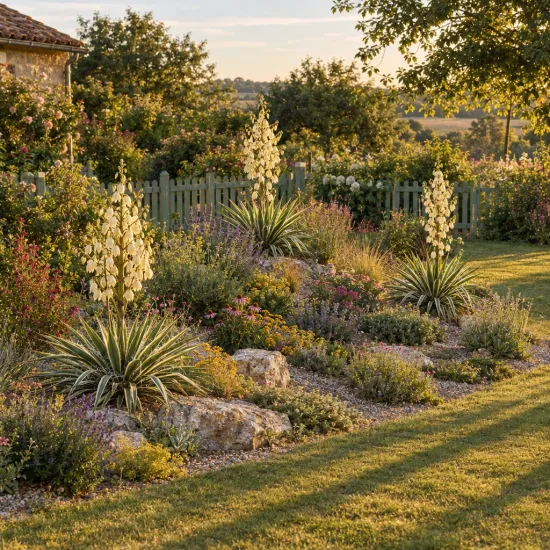 Yucca 'Ivory towers' (Yucca flaccida) — massif de jardin fleuri avec touffes graphiques · Photo d'illustration