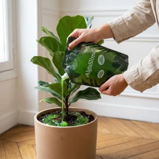 AlgaSlime – Gel rétenteur d'eau naturel aux microalgues — gel vert versé sur terreau d’une plante