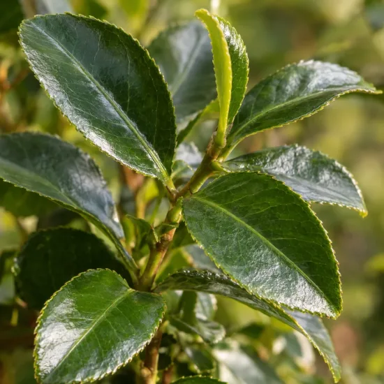Camelia 'Freedom bell' (Camelia japonica) — gros plan sur feuilles vertes brillantes · Photo d'illustration