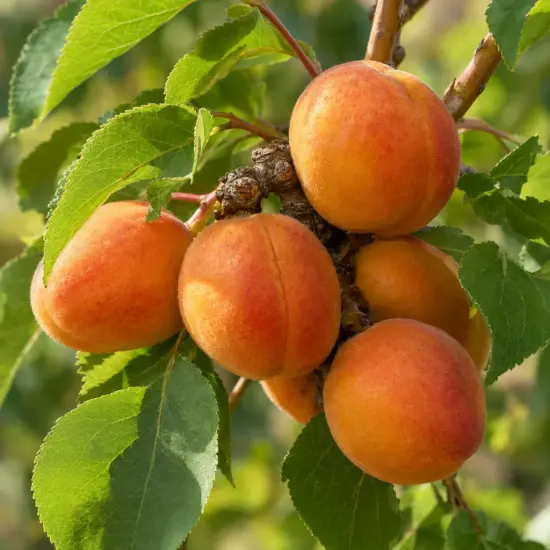 Abricotier 'Sungiant' (Prunus armeniaca) — groupe de fruits ronds orangés sur branche feuillée