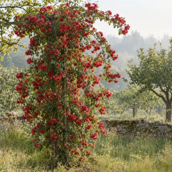 Rosier 'Guirlande fleurie' — plante grimpante couverte de fleurs rouges au jardin · Photo d'illustration
