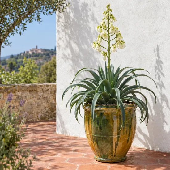 Agave 'Calamar' (Agave bracteosa) — agave en pot vernissé sur terrasse ensoleillée · Photo d'illustration