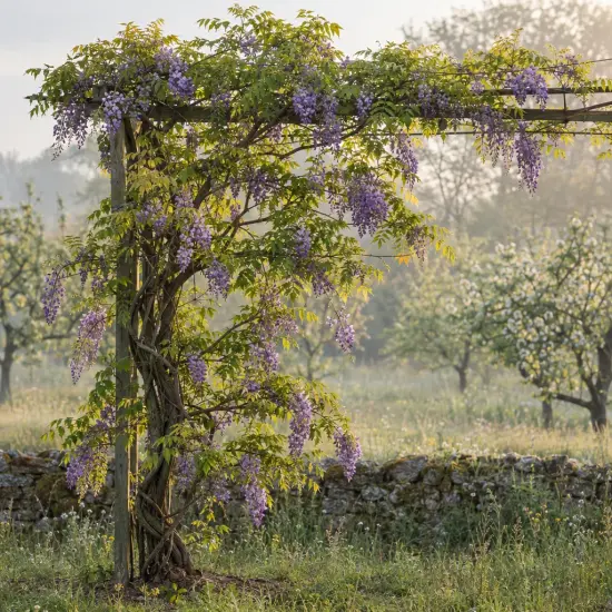 Glycine d'amérique 'Longwood purple' (Wisteria frutescens) — liane fleurie grimpant sur support en bois au jardin