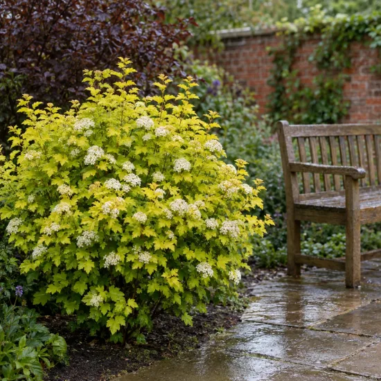 Physocarpe doré 'Dart s gold' (Physocarpus opulifolius) — arbuste à feuillage jaune fleuri près d un banc · Photo d'illustration