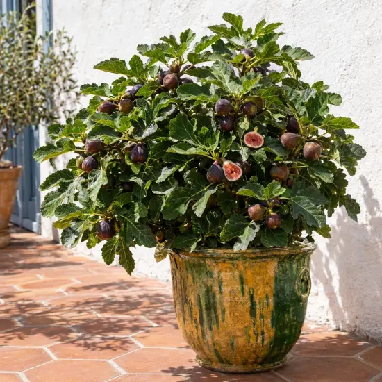 Figuier 'Fignomenal' (Ficus carica) — arbuste fruitier en pot avec figues mûres