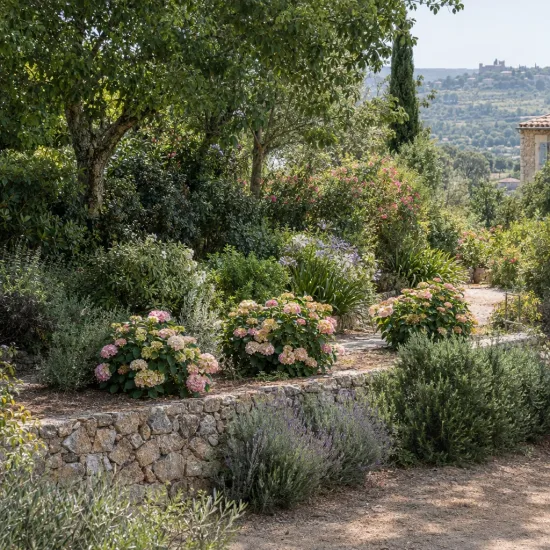 Hortensia 'So long sunny' (Hydrangea) — massif de buissons fleuris le long d'un muret · Photo d'illustration